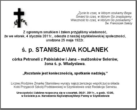 Smutne wieści - odeszła ś.p. Stanisława Kolanek